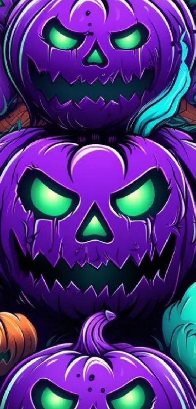 Purple neon pumpkins with spooky faces on Halloween wallpaper.