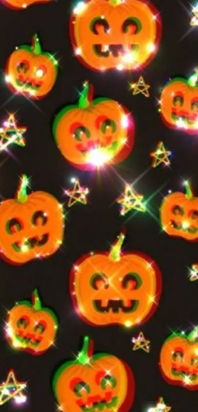 Neon pumpkins and stars on a Halloween-themed mobile wallpaper.