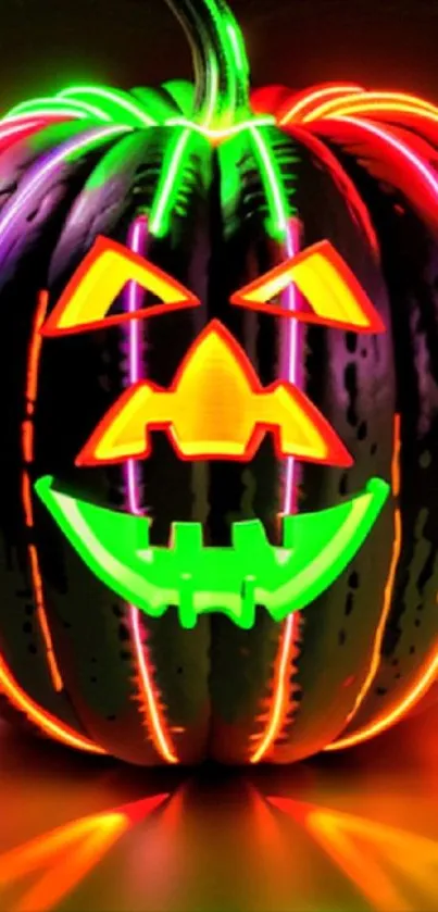 Vibrant neon Halloween pumpkin wallpaper with colorful glowing design.
