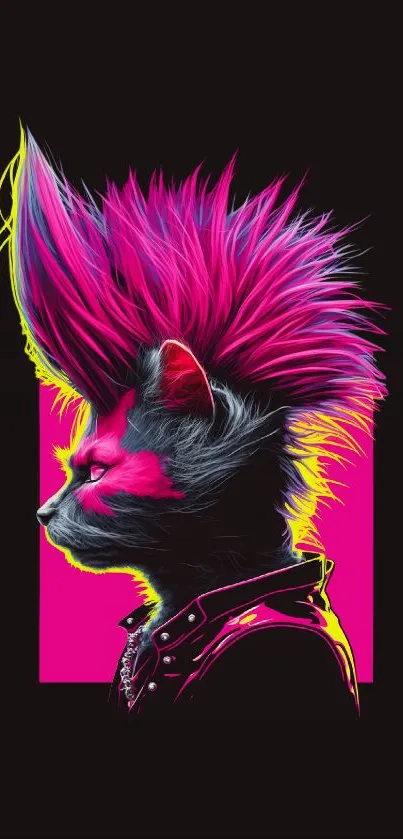 Neon punk rock cat with vibrant colors and edgy mohawk style.