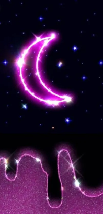 Neon purple crescent moon with stars on a cosmic background.