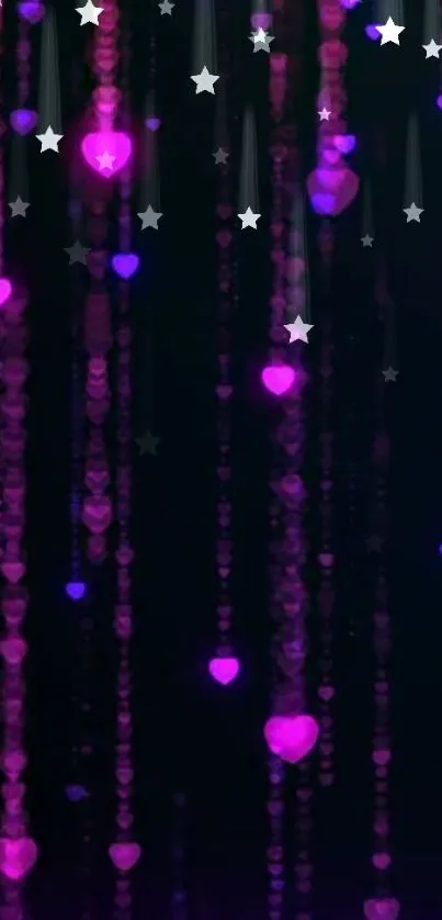 Neon purple hearts with cascading stars on a dark background.