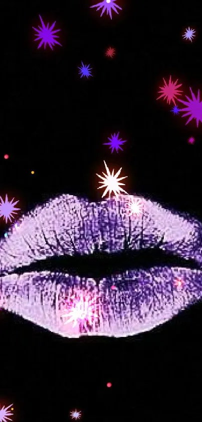 Neon purple lips on a black background, creating a bold aesthetic.