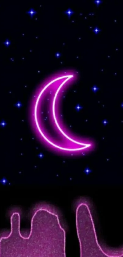 Neon purple crescent moon with starry sky backdrop.