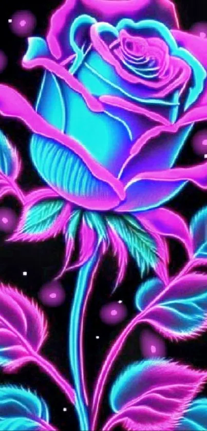 Neon purple and blue rose with vibrant leaves on a black background.