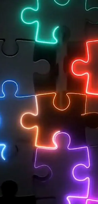 Neon puzzle pieces glowing on a black background, creating an abstract design.