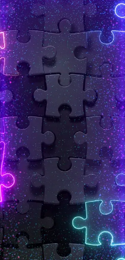 Neon puzzle pieces with a vibrant glow on a dark background.