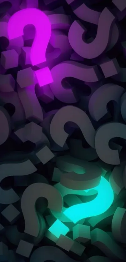 Neon question marks glow in purple and green on a dark background.