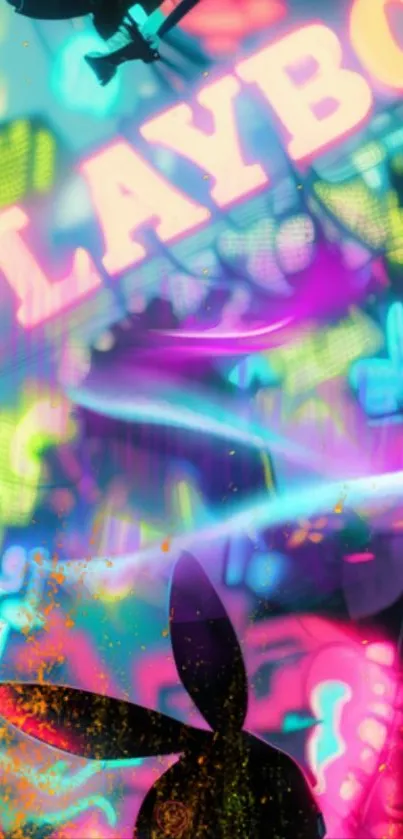 Colorful neon city skyline with rabbit silhouette.