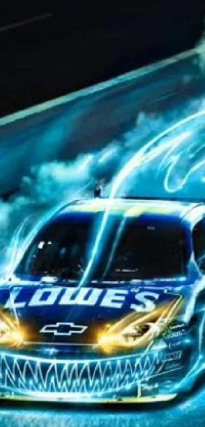 Neon blue race car on track with vibrant streaks