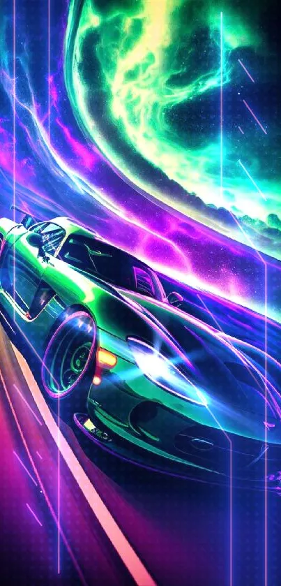 Neon car speeds under bright aurora sky.