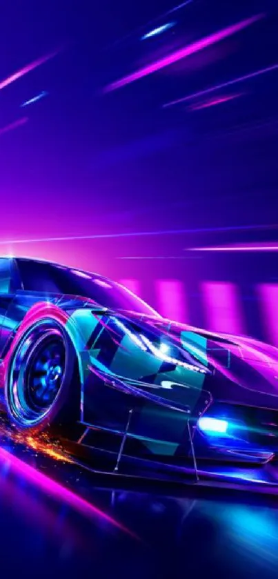 Neon racing car wallpaper with purple and blue hues.