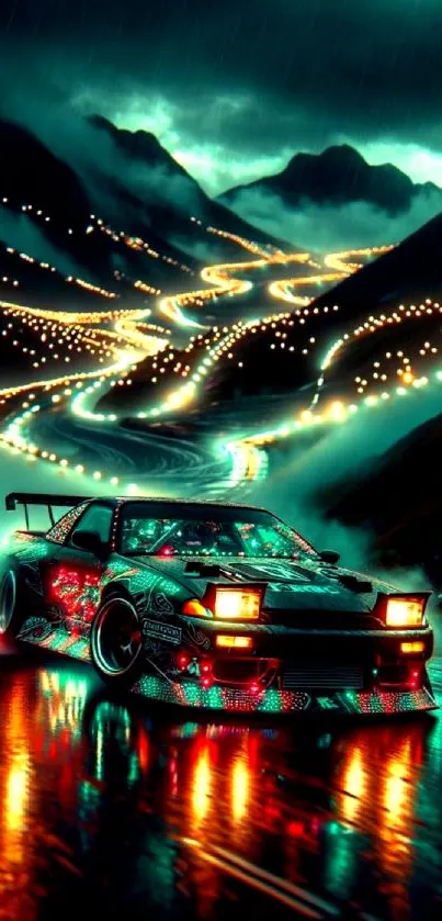 Neon racing car on a winding illuminated mountain road.