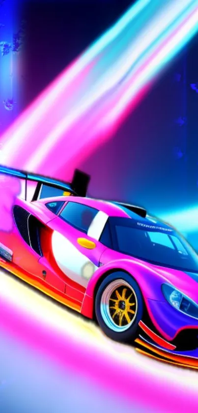 Neon-lit racing car in vibrant colors.