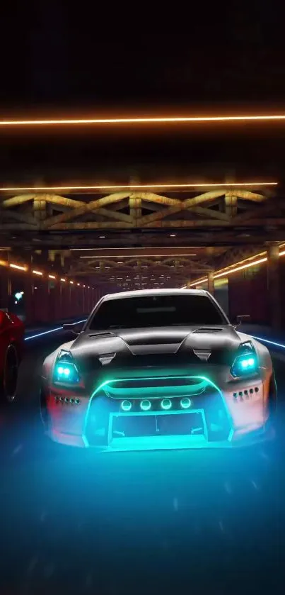 Neon racing car speeding in a tunnel at night.