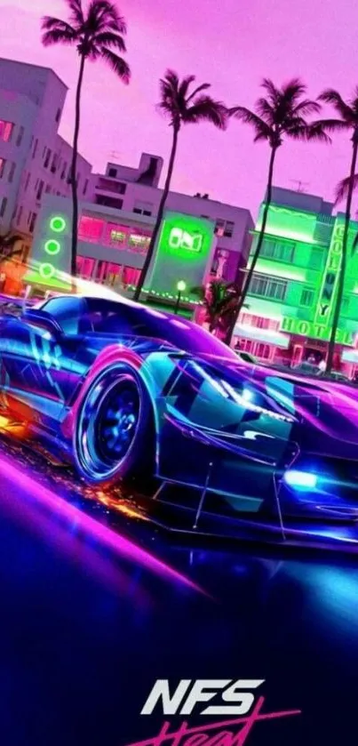 Futuristic sports car with vibrant neon lights cruising a cityscape at night.