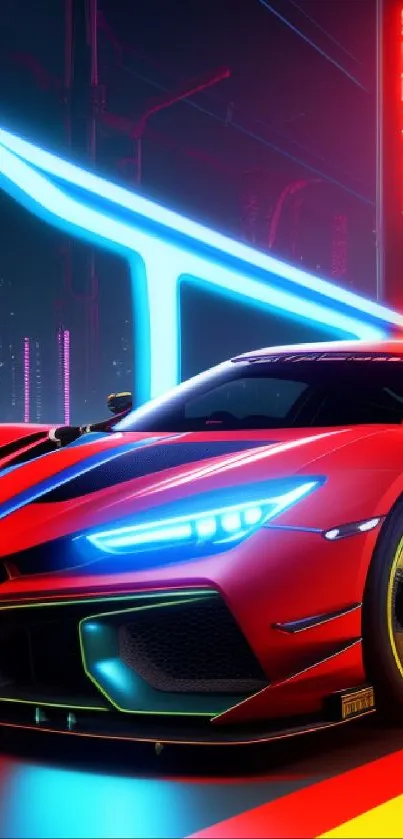 Vibrant neon racing car with glowing lights in a futuristic city background.