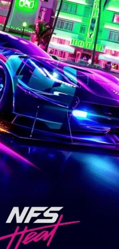 Vibrant neon racing car with city backdrop.