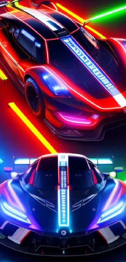 Neon racing cars with vibrant lights and sleek design.