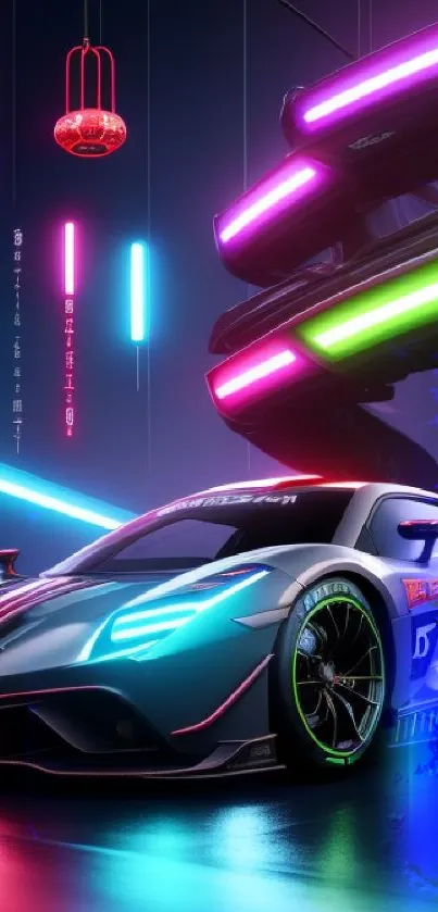 Neon racing car with futuristic lights at night.