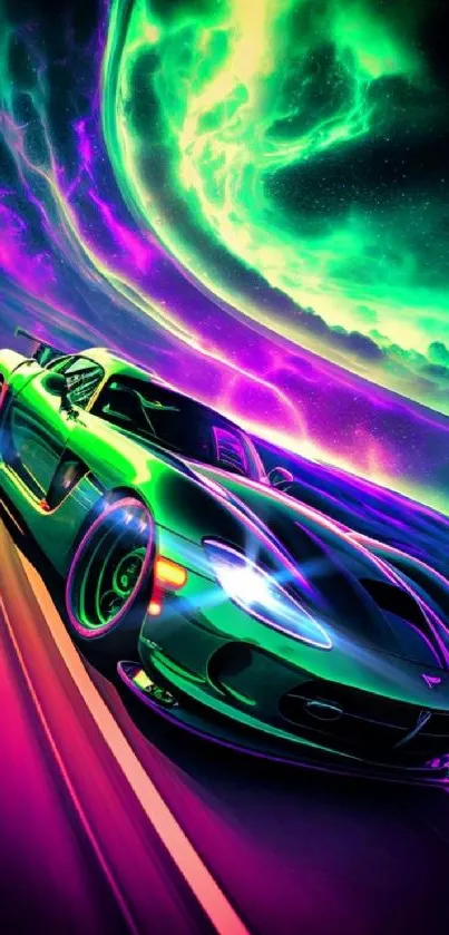 Neon racing car with green and purple glow.