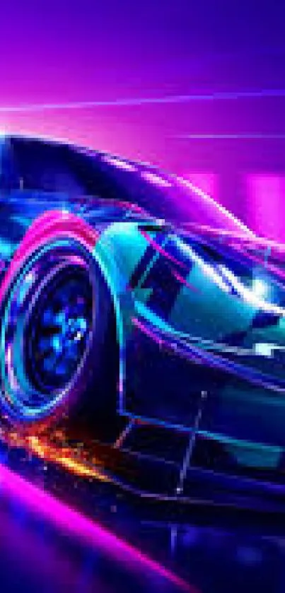 Vibrant neon racing car with futuristic design and dynamic colors.