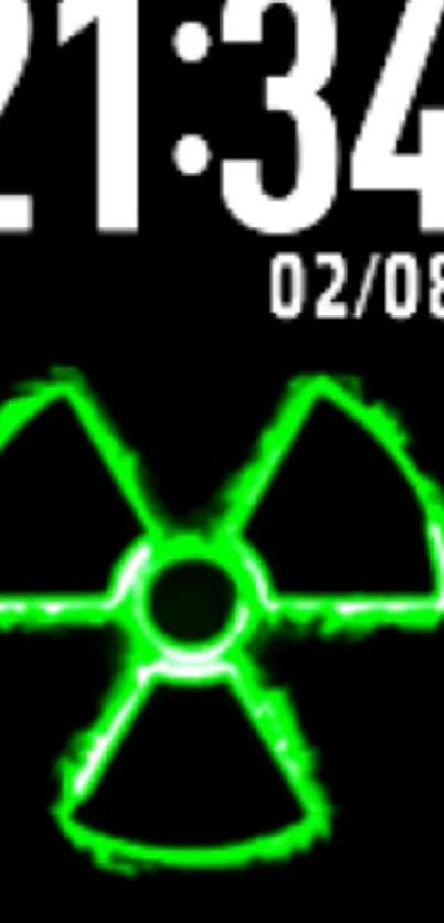 Neon green radiation symbol with clock.