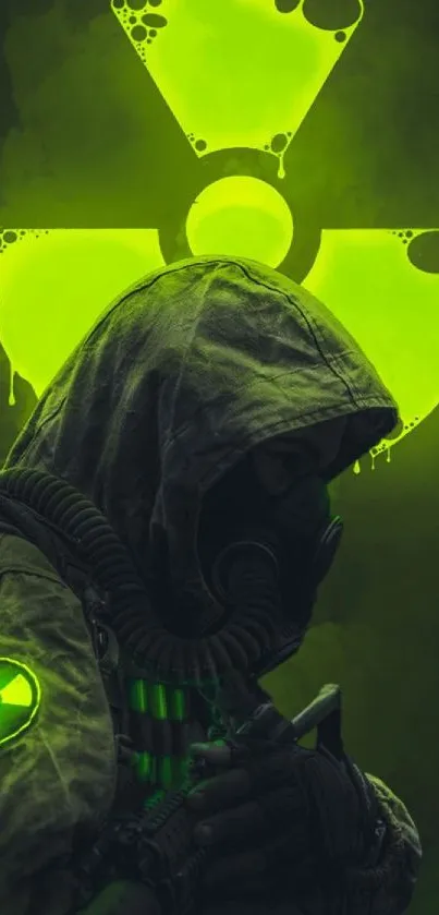 Neon green radiation-themed wallpaper with hooded figure in gas mask.