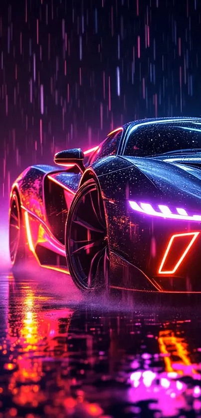 Futuristic supercar driving in the rain with neon lights reflecting on wet pavement.