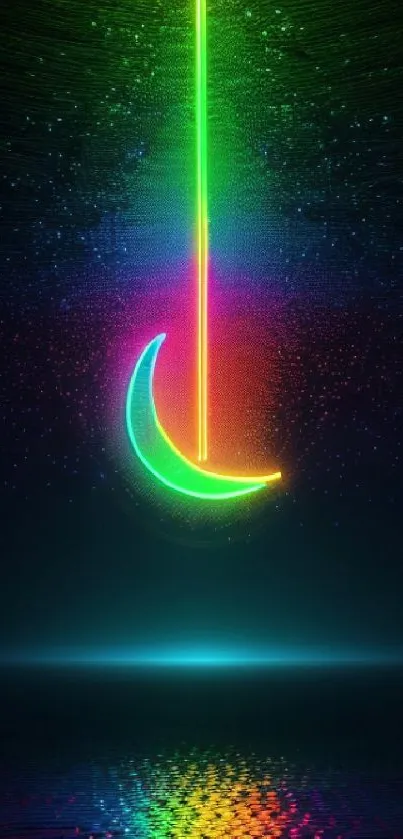 Neon rainbow crescent moon in a vibrant digital design.