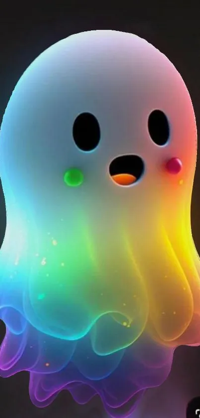 Vibrant neon ghost with rainbow glow on a dark background.