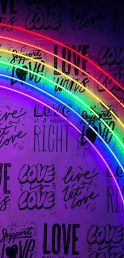 Neon rainbow wallpaper with love-themed text and colorful lights.