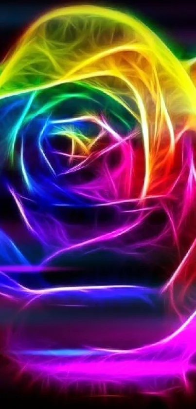 Vibrant neon rainbow rose against a dark background.