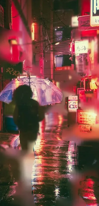 Neon-lit rainy alley at night with vivid reflections.