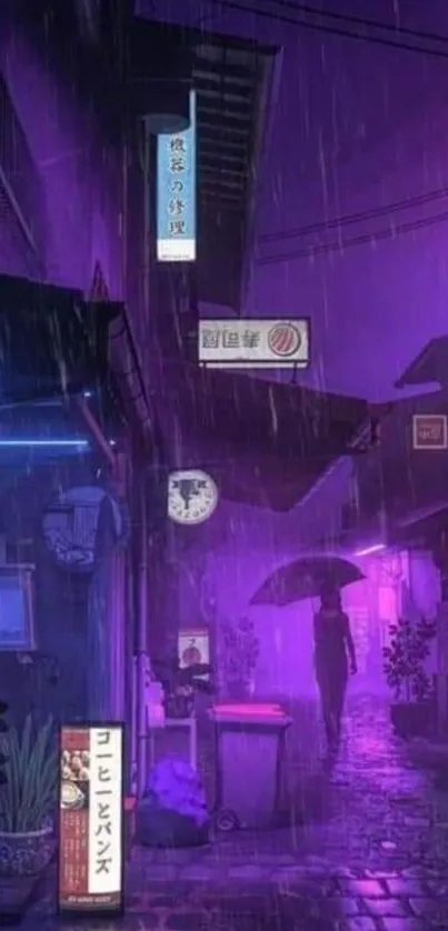 Neon-lit rainy street with purple hues.