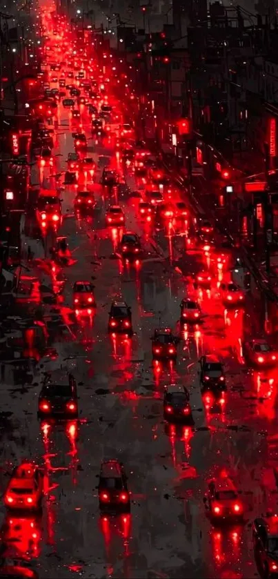Red neon-lit traffic on a rainy city street at night.
