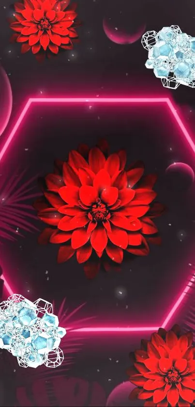 Elegant red flowers with neon hexagon glow.