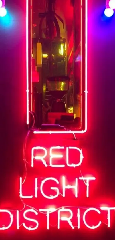 Neon red light sign saying 'Red Light District' in glowing urban style.