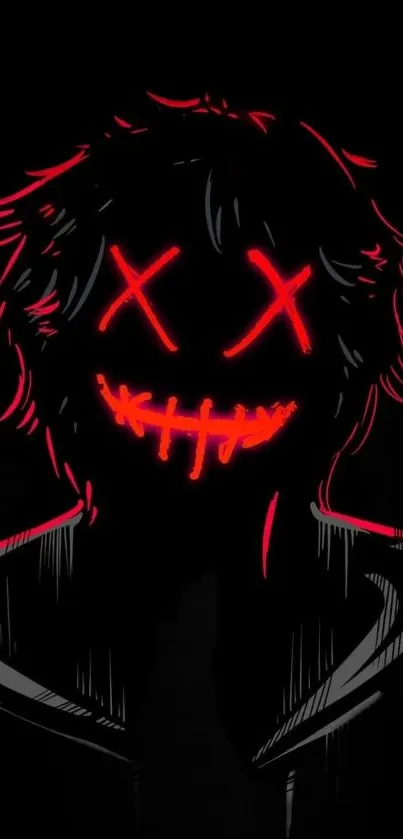 Dark wallpaper featuring a neon red smiling mask with crosses for eyes.