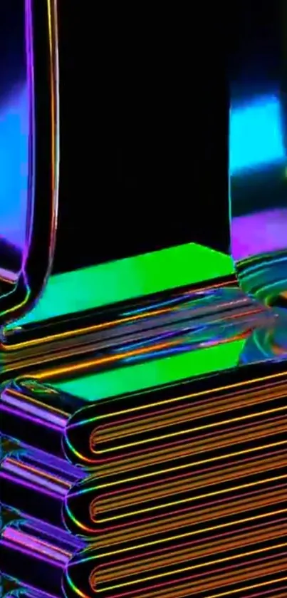 Vibrant neon stacked reflection with colorful light blend on a black background.