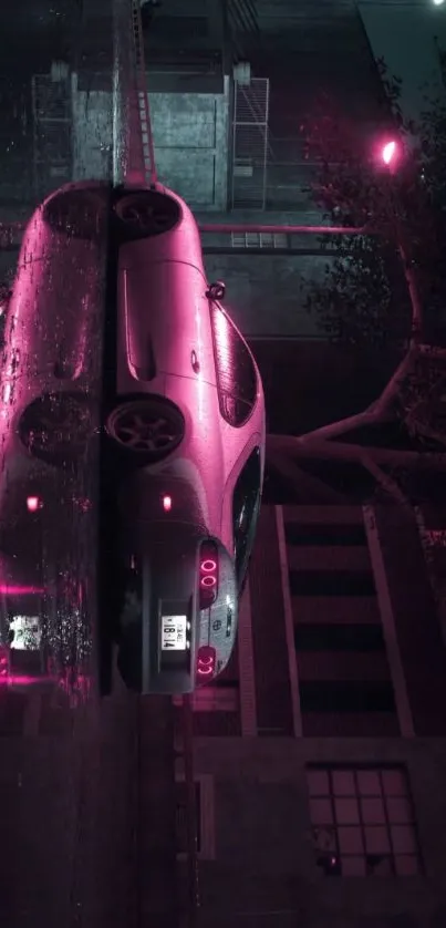 Neon pink car reflects in a rain-soaked street, illuminating an urban scene.