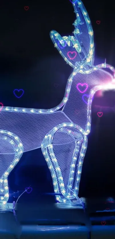 Neon reindeer with blue lights and heart shapes on a mobile wallpaper.