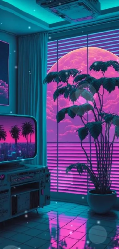 Neon retro aesthetic room with moonlit sky and magenta glow.