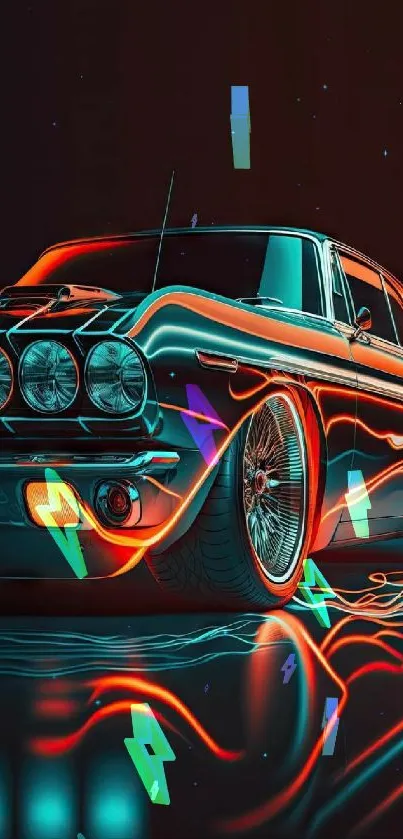 Neon retro car art with vibrant colors and futuristic design.