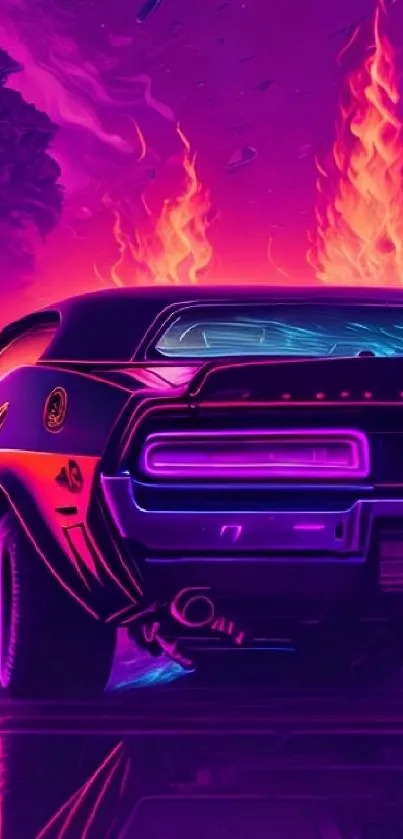 Neon retro car with vibrant flames in purple hues.