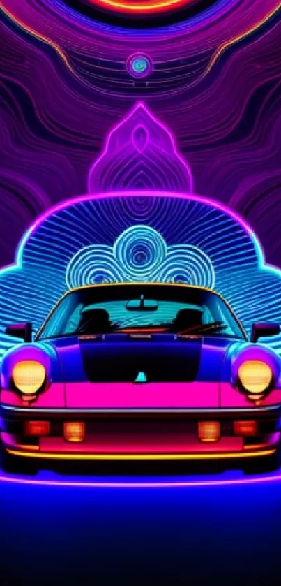 Neon retro car on a vibrant abstract background