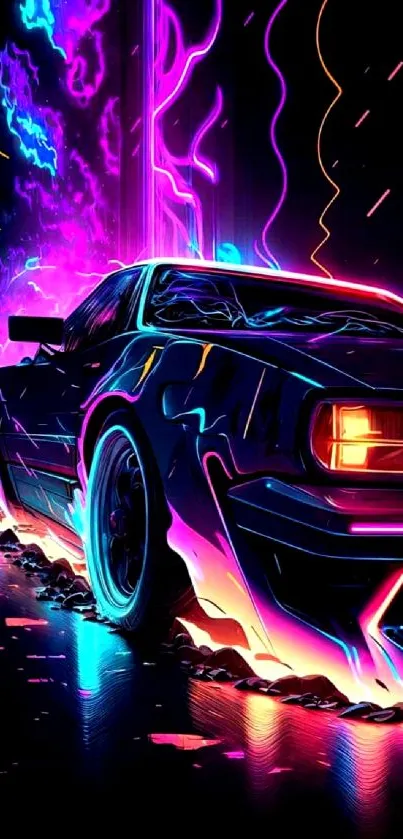 Vibrant neon retro car wallpaper with luminous colors.