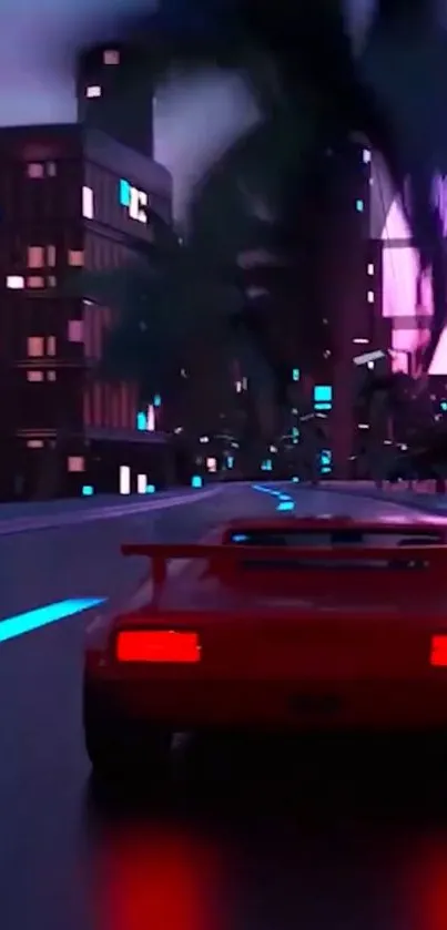 Retro-futuristic wallpaper with neon lights and a sports car on a city road.