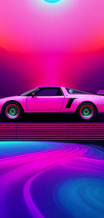 Neon pink retro sports car under vivid hues.