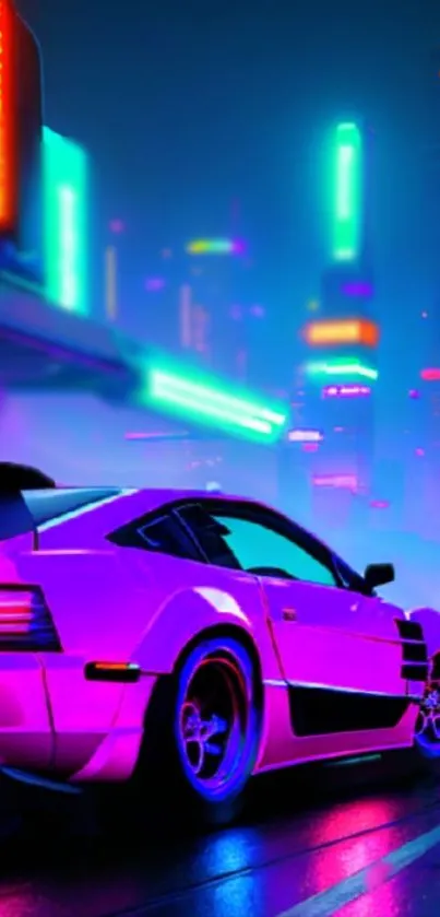 Neon retro futuristic car in vibrant cityscape.